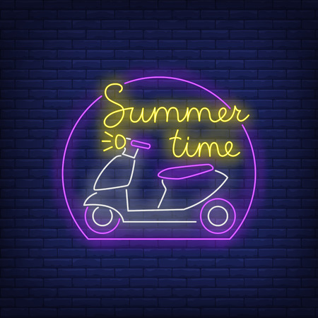 Summer Time neon lettering and scooter logo. Holiday, leisure and travel design. Night bright neon sign, colorful billboard, light banner. Vector illustration in neon style.のイラスト素材