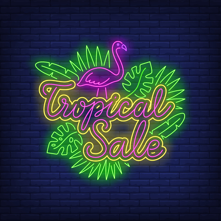 Tropical sale neon text with flamingo and leaves. Resort, tourism, shopping design. Night bright neon sign, colorful billboard, light banner. Vector illustration in neon style.のイラスト素材