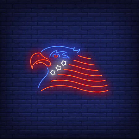 American national eagle neon sign. USA flag stars and strips, symbols, 4th of July holiday. Vector illustration in neon style for festive independence day banners, light billboards, flyersのイラスト素材