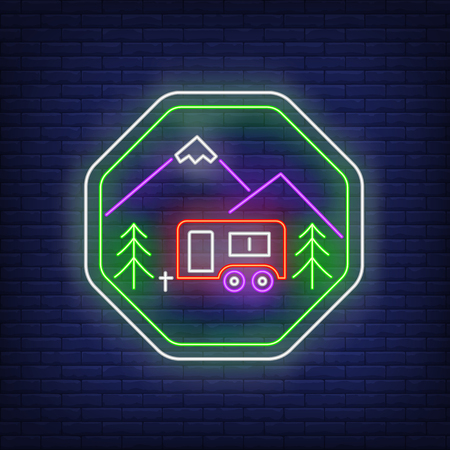 Camping truck neon sign. Trailer, camper, woods, mountain. Vector illustration in neon style for light banners and billboards, adventure travel, vacation, tripのイラスト素材