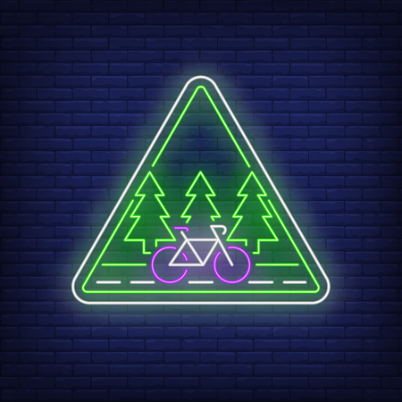Bike track neon sign. Cycling, woods, forest. Vector illustration in neon style for summer light banners or billboards, outdoor activity, tourismのイラスト素材