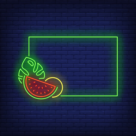 Green glowing frame neon sign. Border with tropical fruit, leaf, slice of water melon. Vector illustration in neon style for summer templates, light banners and billboards, vacationのイラスト素材