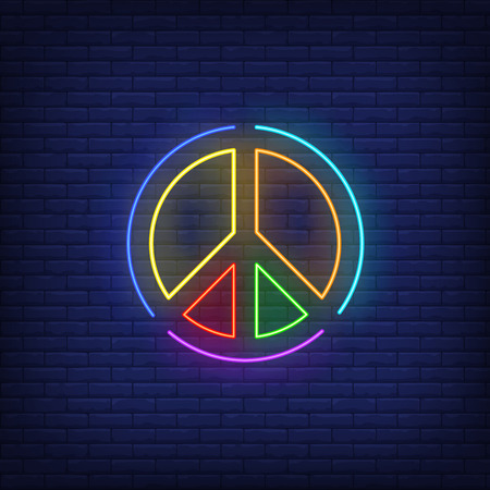 Rainbow colored peace emblem neon sign. Round, circle, lgbt. Vector illustration in neon style for bright banners, light billboards, gay pride flyersのイラスト素材