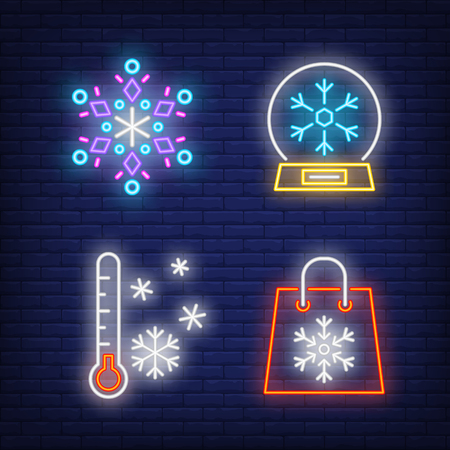 Snowflake, snow globe, bag and outdoor thermometer neon signs set. Christmas, winter, New Year Day design. Night bright neon sign, colorful billboard, light banner. Vector illustration in neon styleのイラスト素材