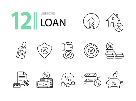 Loan icon set. Line icons collection on white background. Money, coin, percent. Credit concept. Can be used for topics like investment, deal, financesのイラスト素材