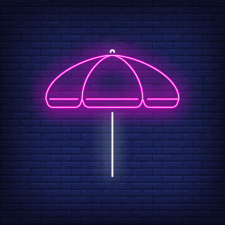 Bright beach umbrella neon sign. Summer, holiday, vacation, resort design. Night bright neon sign, colorful billboard, light banner. Vector illustration in neon style.のイラスト素材
