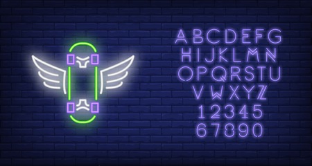 Skateboard with wings neon sign. Extreme sport and advertisement design. Night bright neon sign, colorful billboard, light banner. Vector illustration in neon style.のイラスト素材