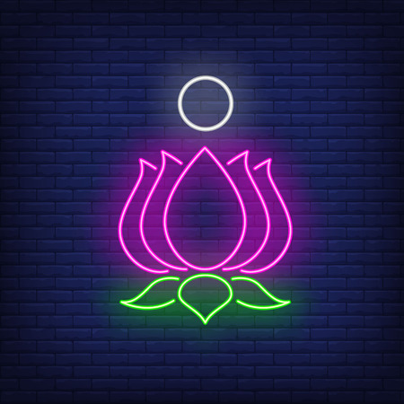 Lotus flower neon sign. Meditation, spirituality, yoga design. Night bright neon sign, colorful billboard, light banner. Vector illustration in neon style.のイラスト素材