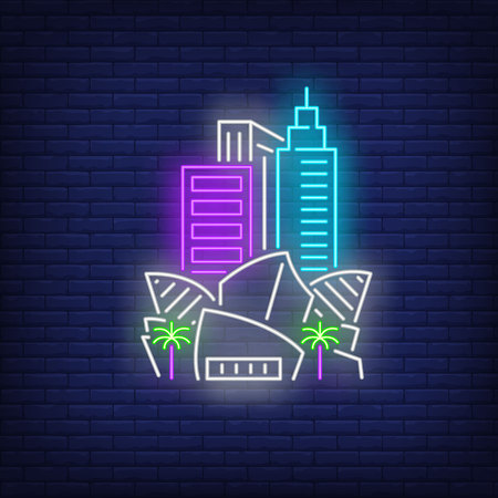 Los Angeles Music Center and city buildings neon sign. Sightseeing, tourism, travel design. Night bright neon sign, colorful billboard, light banner. Vector illustration in neon style.のイラスト素材