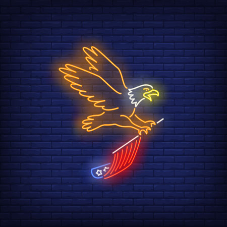 Eagle flying and carrying USA flag neon sign. USA symbol, history design. Night bright neon sign, colorful billboard, light banner. Vector illustration in neon style.のイラスト素材