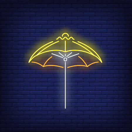 Beach umbrella neon sign. Summer, holiday, vacation, resort design. Night bright neon sign, colorful billboard, light banner. Vector illustration in neon style.のイラスト素材