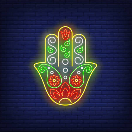 Fatima hand neon sign. Protection, spirituality, religion design. Night bright neon sign, colorful billboard, light banner. Vector illustration in neon style.のイラスト素材