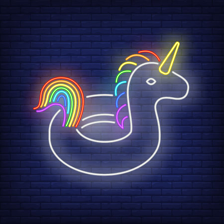 Unicorn rubber ring neon sign. Swimming, water, safety. Inflatable toy concept. Vector illustration in neon style for advertising, toy shop, entertainment, businessのイラスト素材