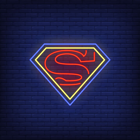 Superhero emblem neon sign. Leadership, power, protector design. Night bright neon sign, colorful billboard, light banner. Vector illustration in neon style.のイラスト素材