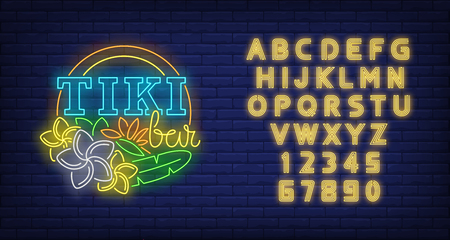 Tiki bar neon text with flowers. Resort, tourism, vacation design. Night bright neon sign, colorful billboard, light banner. Vector illustration in neon style.のイラスト素材