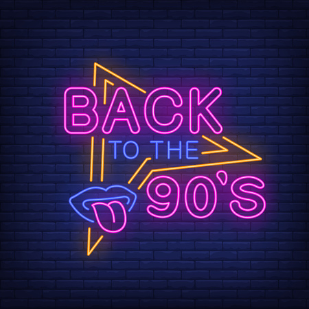 Back to nineties neon lettering with lips and tongue. Party and entertainment design. Night bright neon sign, colorful billboard, light banner. Vector illustration in neon style.のイラスト素材