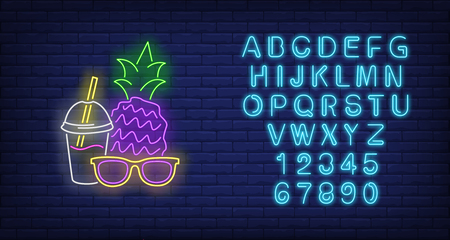 Sunglasses, pineapple and cocktail neon sign. Tourism, vacation, travel, summer design. Night bright neon sign, colorful billboard, light banner. Vector illustration in neon style.のイラスト素材