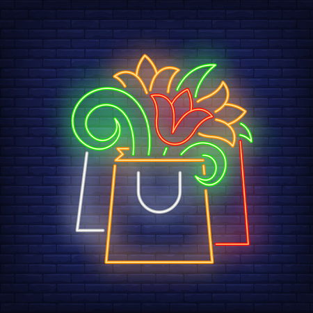 Paper bag with flowers neon sign. Summer, flowers, shopping, sale. Summer shopping concept. Vector illustration in neon style for advertising, summer sale, marketのイラスト素材