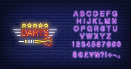 Darts inscription neon sign. Bright glowing inscription with arrow and five stars on dark brick blue background. Can be used for topics like advertisement, entertainment, clubsのイラスト素材
