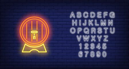 Beer barrel with tap on brick background. Neon style vector illustration. Brewery, St. Patricks Day, Oktoberfest. Irish culture banner. For holiday, beverage, alcohol conceptsのイラスト素材