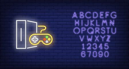Game console with controller neon sign. Video game and entertainment design. Night bright neon sign, colorful billboard, light banner. Vector illustration in neon style.のイラスト素材