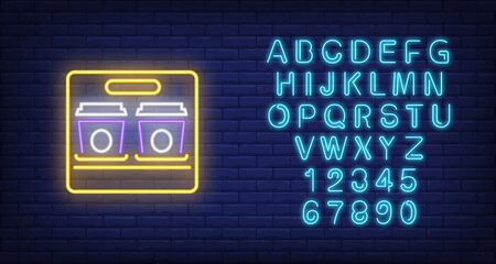 Coffee outdoor neon sign. Glowing illustration of outdoor billboard with two coffee paper cups. Can be used for coffee shops, cafe, advertisementのイラスト素材