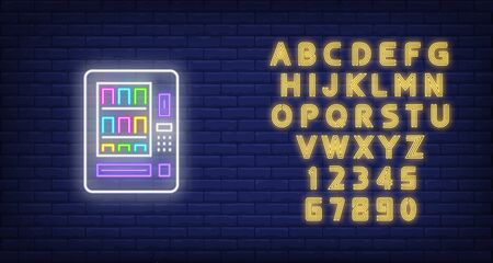 Bright vending machine neon sign. Glowing illustration of vending machine on dark blue brick background. Can be used for night advertisement, cafes, snack barsのイラスト素材