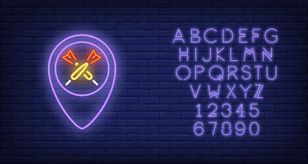 Two darts in pointer neon sign. Illustration of two arrows in purple oval pointer on dark brick blue background. Can be used for topics like games, entertainment, advertisingのイラスト素材