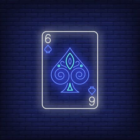 Six of spades playing card neon sign. Gambling, poker, casino, game design. Night bright neon sign, colorful billboard, light banner. Vector illustration in neon style.のイラスト素材