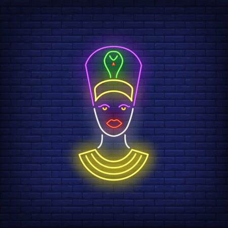 Nefertiti head neon sign. Authority, power, Egypt design. Night bright neon sign, colorful billboard, light banner. Vector illustration in neon style.のイラスト素材