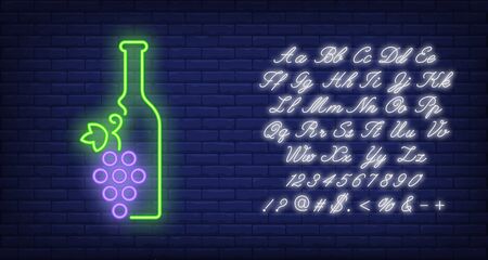Wine bottle with bunch of grapes neon sign. Winery or advertisement design. Night bright neon sign, colorful billboard, light banner. Vector illustration in neon style.のイラスト素材