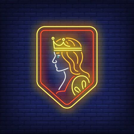Queen on shield neon sign. Authority, power design. Night bright neon sign, colorful billboard, light banner. Vector illustration in neon style.のイラスト素材