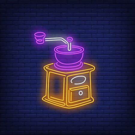 Hand coffee grinder neon sign. Coffee shop, beverage, cafe design. Night bright neon sign, colorful billboard, light banner. Vector illustration in neon style.のイラスト素材