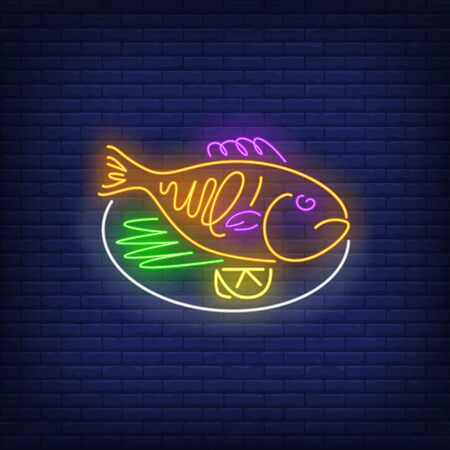 Cooked fish on dish neon sign. Restaurant, dinner, food design. Night bright neon sign, colorful billboard, light banner. Vector illustration in neon style.のイラスト素材