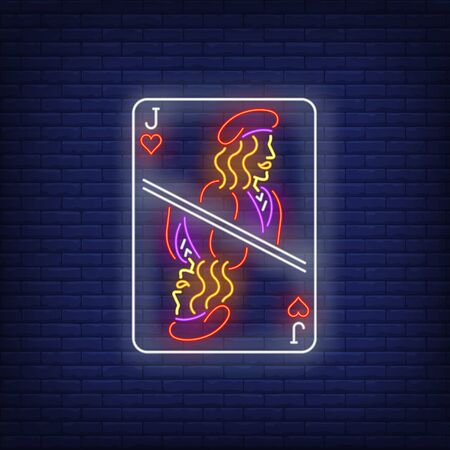 Jack of hearts playing card neon sign. Gambling, poker, casino, game design. Night bright neon sign, colorful billboard, light banner. Vector illustration in neon style.のイラスト素材