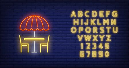 Summer cafe neon sign. Glowing illustration of two chairs, cafe table and umbrella. Can be used for advertisement, summer cafe, restaurants, lounge zonesのイラスト素材