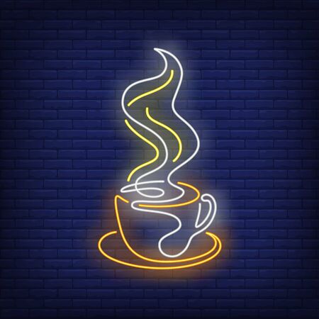 Steaming cup of coffee neon sign. Coffee shop, beverage, cafe design. Night bright neon sign, colorful billboard, light banner. Vector illustration in neon style.のイラスト素材