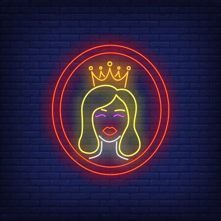 Princess in circle neon sign. Authority, power design. Night bright neon sign, colorful billboard, light banner. Vector illustration in neon style.のイラスト素材