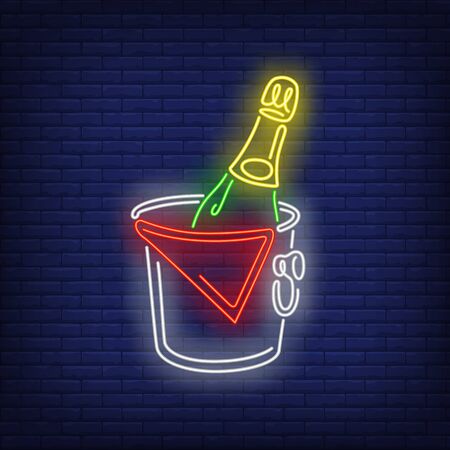 Champagne bottle in bucket neon sign. Restaurant, party, alcoholic drink design. Night bright neon sign, colorful billboard, light banner. Vector illustration in neon style.のイラスト素材