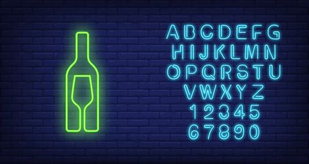 Wine bottle and glass silhouettes neon sign. Winery, bar or advertisement design. Night bright neon sign, colorful billboard, light banner. Vector illustration in neon style.のイラスト素材