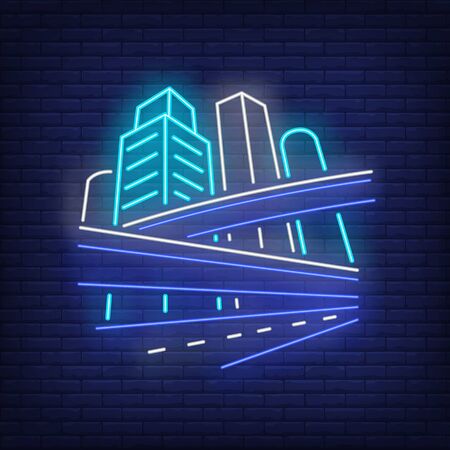 City buildings and monorail neon sign. Architecture, transportation, downtown design. Night bright neon sign, colorful billboard, light banner. Vector illustration in neon style.のイラスト素材