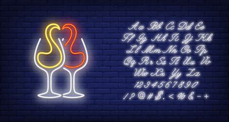 Red and white wine splashes in glasses neon sign. Winery or advertisement design. Night bright neon sign, colorful billboard, light banner. Vector illustration in neon style.のイラスト素材