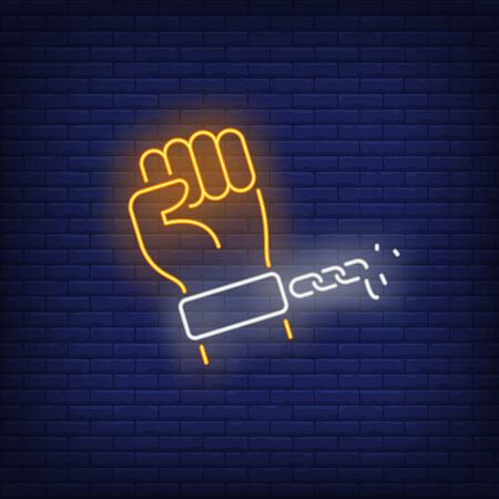 Hand in manacle with broken chain neon sign. Justice, prisoner, enforcement design. Night bright neon sign, colorful billboard, light banner. Vector illustration in neon style.のイラスト素材