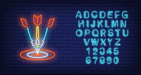 Three arrows in target. Illustration of dart board, three arrows on dark brick blue background. Can be used for bars, entertainment, advertisement, night club, gamesのイラスト素材