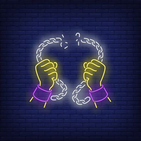 Hands in manacles breaking chain neon sign. Justice, prisoner, enforcement design. Night bright neon sign, colorful billboard, light banner. Vector illustration in neon style.のイラスト素材