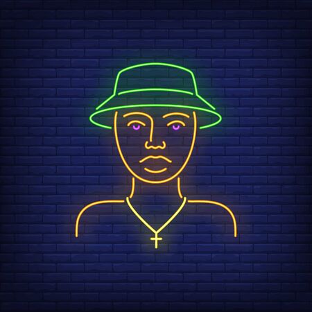 Man in hat with chain neon sign. Singer, showman, party, concert, tourist, clubber. Vector illustration in neon style for night club, party and concertのイラスト素材