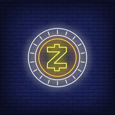Zcash cryptocurrency coin neon sign. Crypto currency, blockchain, money design. Night bright neon sign, colorful billboard, light banner. Vector illustration in neon style.のイラスト素材