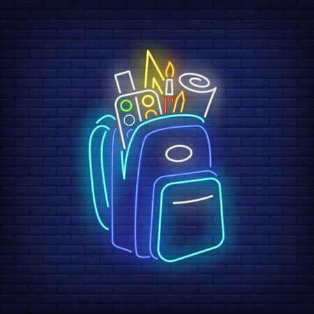 Backpack with painting materials neon sign. Artist, studies, school. Vector illustration in neon style for topics like art, painting, educationのイラスト素材