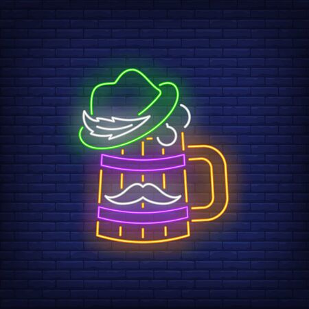 Beer mug with hat and moustache neon sign. Brasserie, sport bar Oktoberfest, St. Patricks Day. Night bright advertisement. Vector illustration in neon style for pub banners and advertisingのイラスト素材