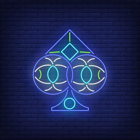 Spades suit neon sign. Playing cards, gambling, poker design. Night bright neon sign, colorful billboard, light banner. Vector illustration in neon style.のイラスト素材